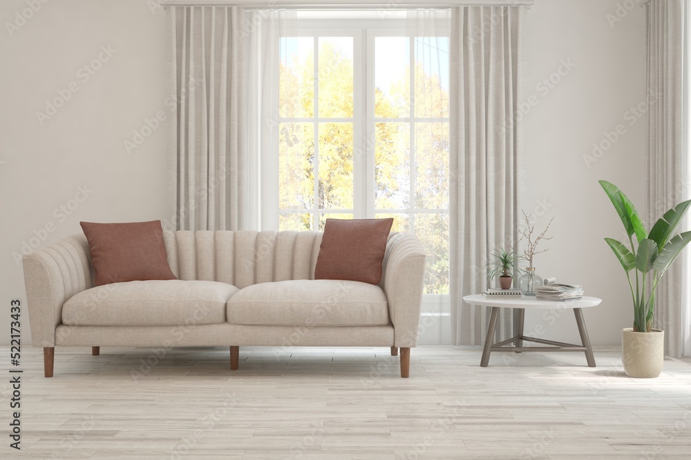Stylish room in white color with sofa and autumn landscape in window. Scandinavian interior design. 3D illustration Stylish room in white color with sofa and autumn landscape in window. Scandinavian interior design. 3D illustration