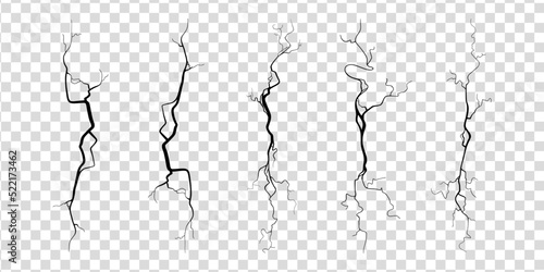 Crack on concrete or ground due to aging or drought. Set of fissures isolated in transparent background. Monochrome vector illustration