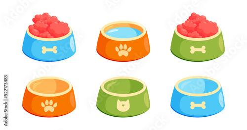 Pet bowl with food and water. Bowl for cat or dog for kibbles and water. Vector illustration in cute cartoon style