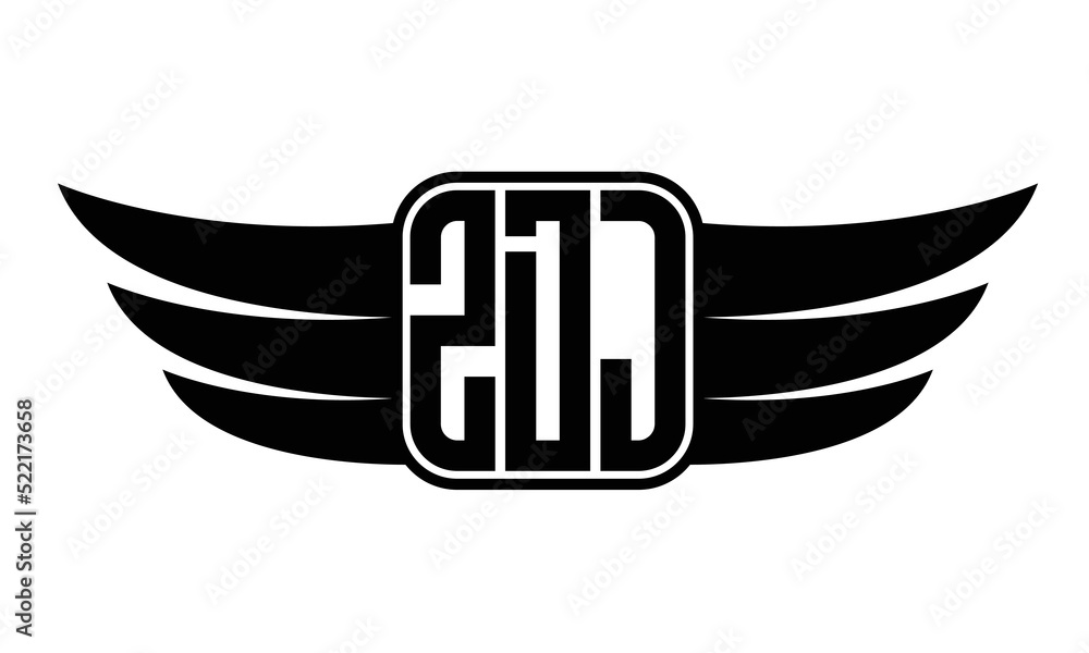 ZDJ three-letter Wing black and white logo design. Vector template - obrazy, fototapety, plakaty 