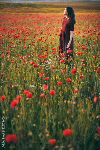 A young woman poses in a field with red wild poppies at sunset. Vertical photo.