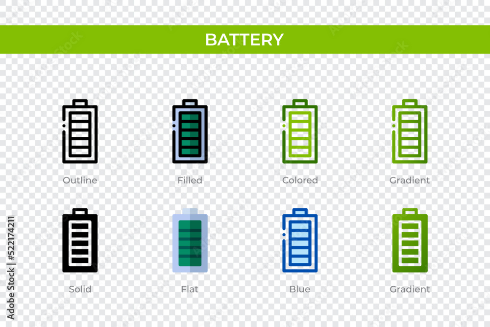 Battery icon in different style. Battery vector icons designed in outline, solid, colored, filled, gradient, and flat style. Symbol, logo illustration. Vector illustration Battery icon in different style. Battery vector icons designed in outline, solid, colored, filled, gradient, and flat style. Symbol, logo illustration. Vector illustration
