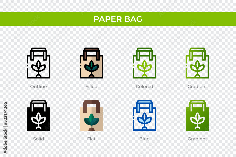 Paper bag icon in different style. Paper bag vector icons designed in outline, solid, colored, filled, gradient, and flat style. Symbol, logo illustration. Vector illustration Paper bag icon in different style. Paper bag vector icons designed in outline, solid, colored, filled, gradient, and flat style. Symbol, logo illustration. Vector illustration