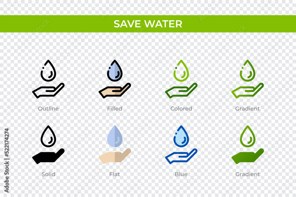 Save water icon in different style. Save water vector icons designed in outline, solid, colored, filled, gradient, and flat style. Symbol, logo illustration. Vector illustration
