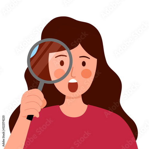 Woman holding magnifying glass with surprising face in flat design on white background. Young female looking for something.