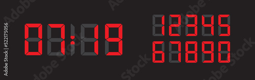 Digital led numbers set. Electronic clock. Red digital clock. Digital display font. Clock and numbers. Screen symbols vector set. Vector illustration.