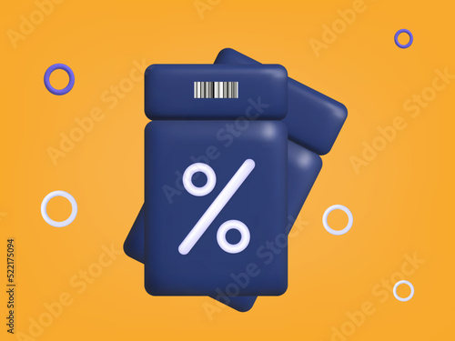 3d discount coupon, gift voucher or ticket with promo code. Percentage sign on a flying coupon, loyalty program holiday sale. Lucky lucrative bonus, win or free. Vector illustration, yellow banner.