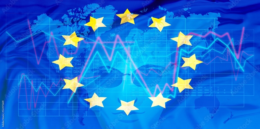 Growth chart against the background of the EU flag. Profit growth, infographics. trading and financial markets Growth chart against the background of the EU flag. Profit growth, infographics. trading and financial markets