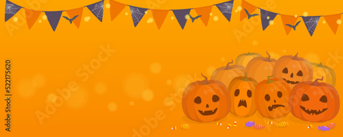 Halloween party background. Vector illustration of pumpkins and bunting garland.