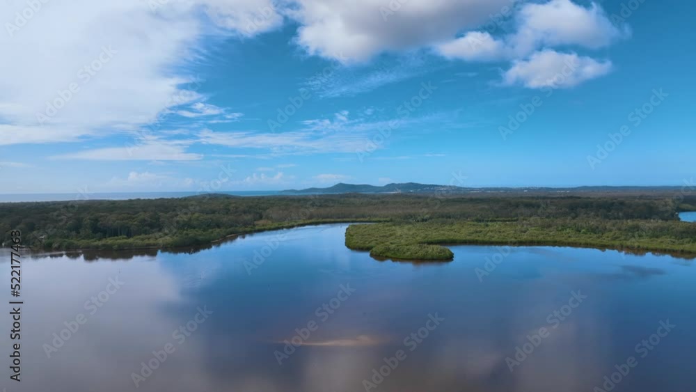 Lake Cootharaba mangroves and flight towards distant Noosa Heads Australia Lake Cootharaba mangroves and flight towards distant Noosa Heads Australia