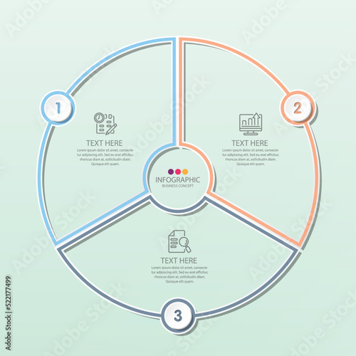 Basic circle infographic template with 3 steps, process or options, process chart, Used for process diagram, presentations, workflow layout, flow chart, infograph. Vector eps10 illustration.
