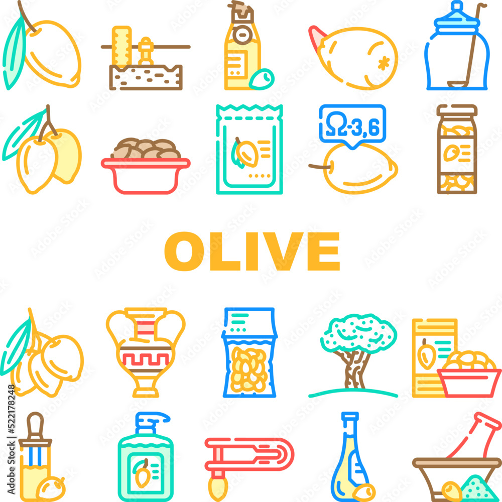 olive oil green branch leaf icons set vector. food tree, black greek plant, white mediterranean fruit, virgin italy leaves organic olive oil green branch leaf color line illustrations