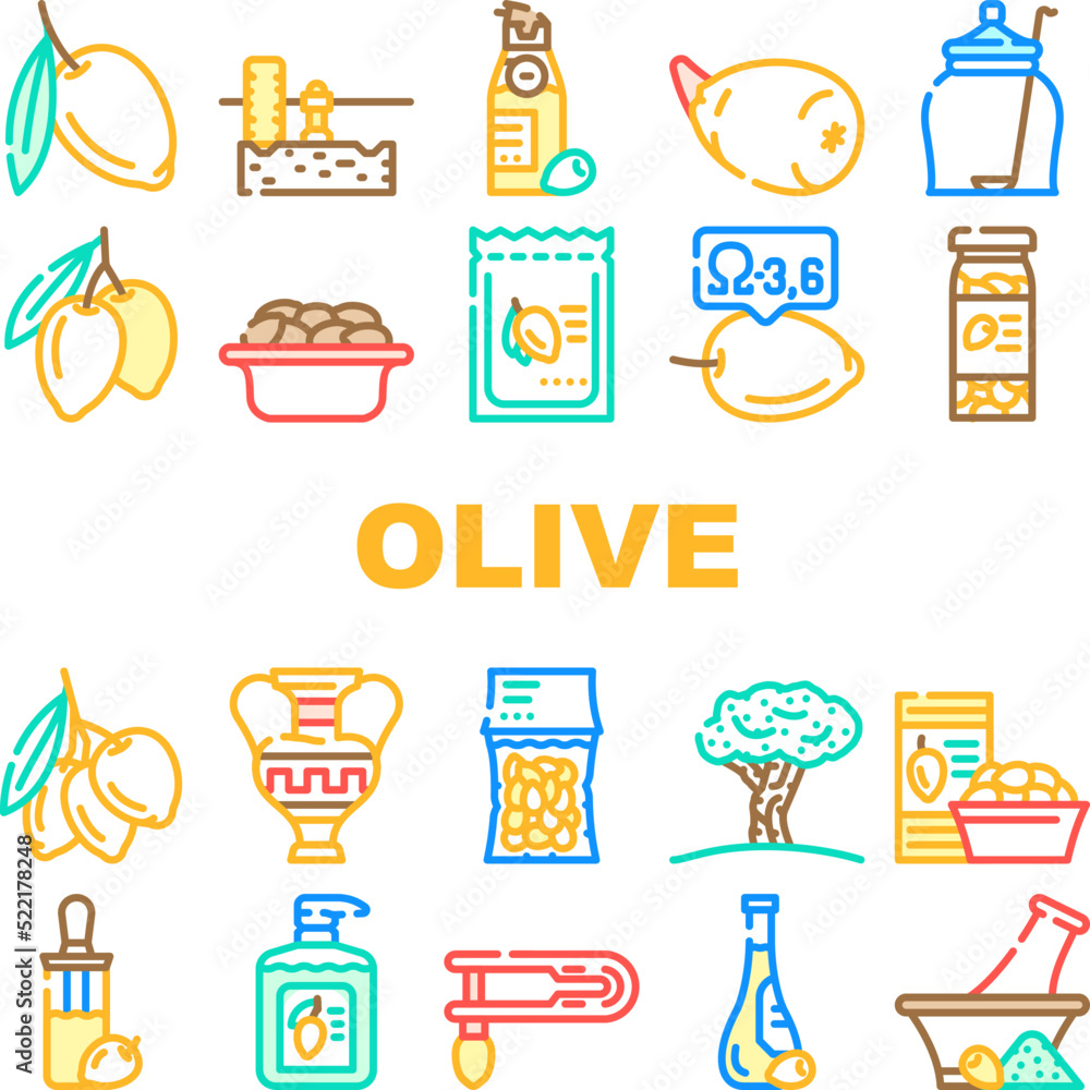 olive oil green branch leaf icons set vector. food tree, black greek plant, white mediterranean fruit, virgin italy leaves organic olive oil green branch leaf color line illustrations olive oil green branch leaf icons set vector. food tree, black greek plant, white mediterranean fruit, virgin italy leaves organic olive oil green branch leaf color line illustrations