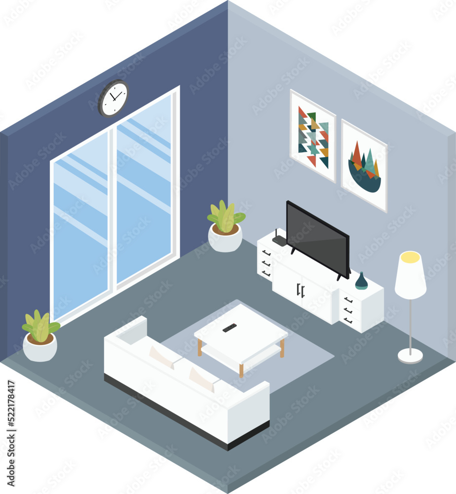 Isometric Living Room with Large Windows and TV Isometric Living Room with Large Windows and TV