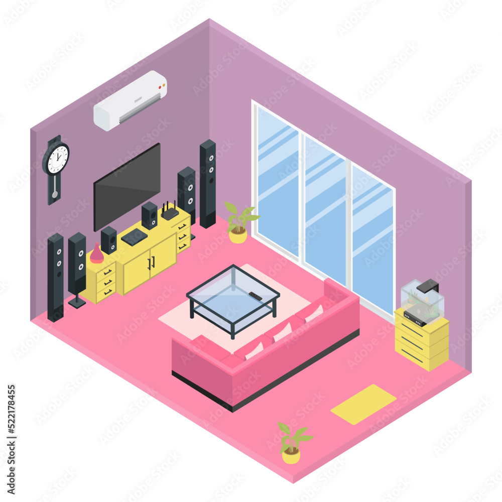 Fototapeta premium Isometric Living Room with Large Windows and Home Theater 