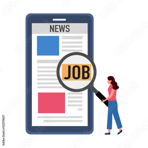 Job search online via smartphone app in flat design on white background. Woman looking for a job. 