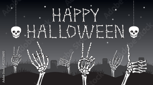 Happy halloween banner with skeleton hands with  peace, rock and like gestures. Vector illustration.