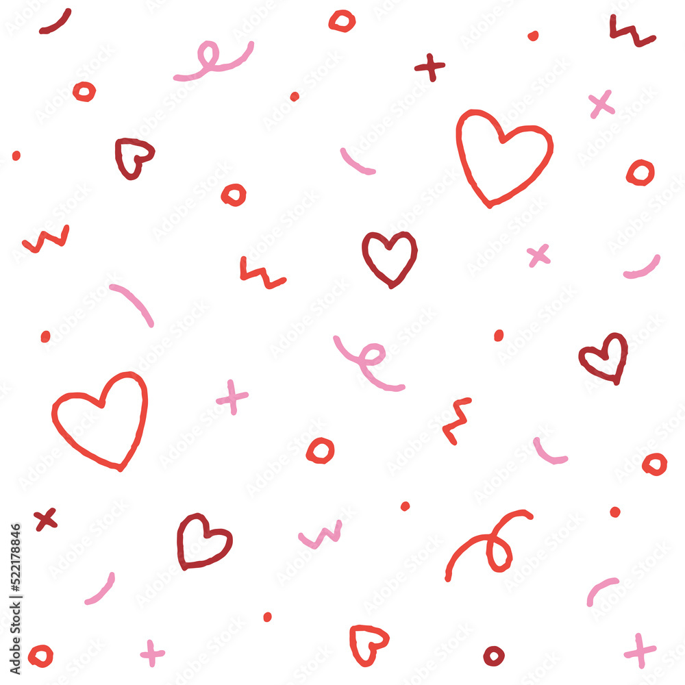 Cute Valentines Day Abstract Confetti Sprinkle Sparkle Shine Shape Form Small Polkadot dot Line Outline Mini Heart Abstract Pink Red Color Colorful Pastel Seamless Pattern White Background