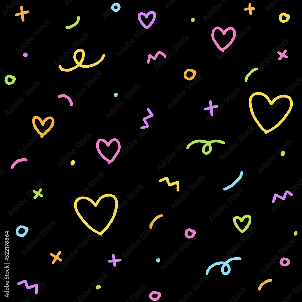 Cute Abstract Confetti Sprinkle Sparkle Shine Shape Form Small Polkadot dot Line Outline Mini Heart Abstract Rainbow Neon Color Colorful Pastel Seamless Pattern Black Background