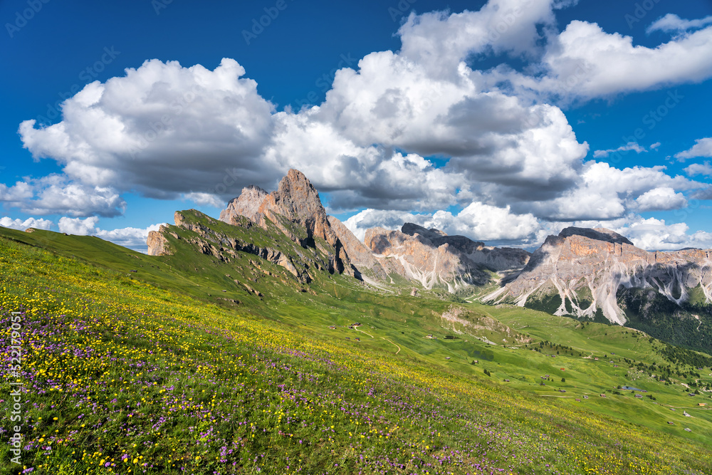 Scenery of Dolomites with the St. John's in Ranui Chapel, Santa Maddalena at sunset. Italy Scenery of Dolomites with the St. John's in Ranui Chapel, Santa Maddalena at sunset. Italy