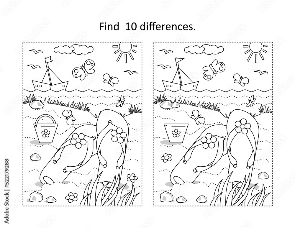 Summer vacation find the differences picture puzzle and coloring page
