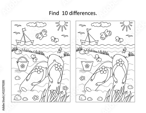 Summer vacation find the differences picture puzzle and coloring page
