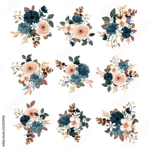 Rustic Blue Watercolor Floral Bouquet Collection