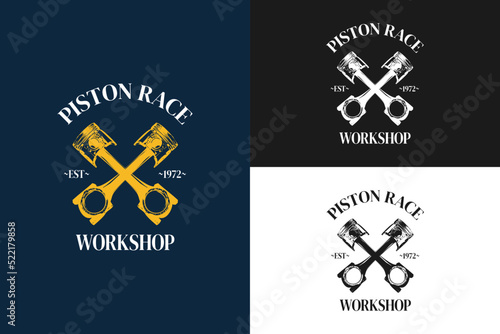 logo Vintage motorcycle workshop design piston vintage illustration, Repair Service. Gear and pistons isolated vector