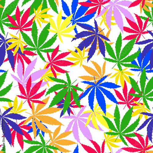Bright rainbow Cannabis leaves seamless pattern on white background. 