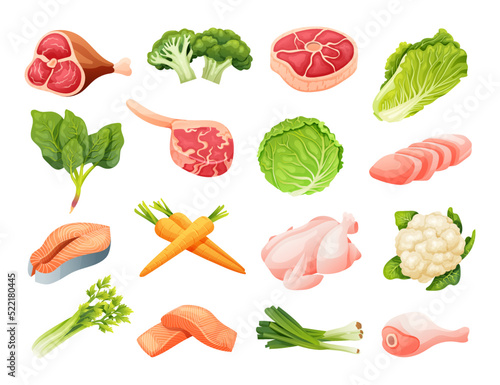 Vector set of meats and vegetables in cartoon style. Healthy food illustration