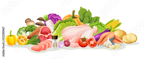 Set of meat and vegetable illustrations. Healthy food vector cartoon