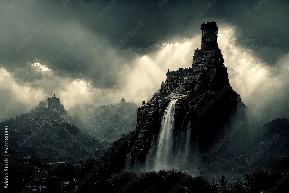 Fototapeta premium Painting of a castle on top of a mountain above a waterfall.
