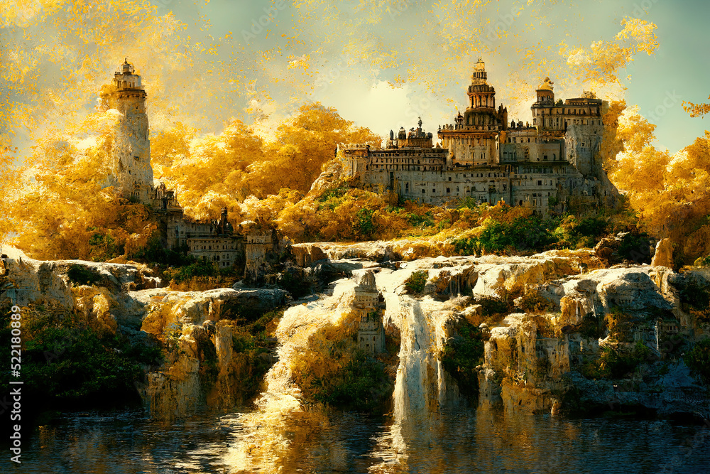 Painting of a castle on top of a mountain above a waterfall. Stock ...