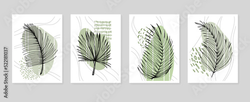 Set of Abstract Tropics Hand Painted Palm Illustrations for Wall Decoration, minimalist flower in sketch style. Postcard, Social Media Banner, Brochure Cover Design Background. Modern Painting Artwork