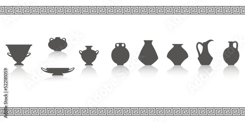Greek vases silhouettes. Ancient amphoras and pots glyph illustration. Clay ceramic earthenware. Vector.