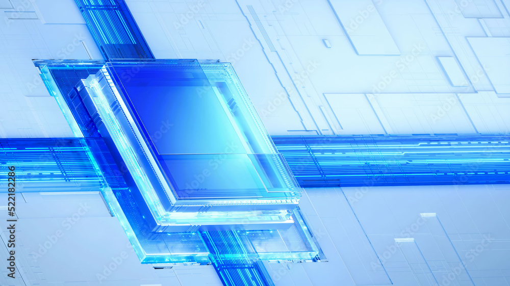 Fototapeta premium 3D rendering of cyberpunk AI. Circuit board. Technology background. Central Computer Processors CPU and GPU concept. Motherboard digital chip. Tech science background.