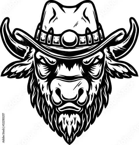Illustration of buffalo in cowboy hat. Design element for poster, t shirt, sign. Vector illustration