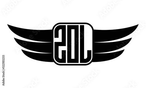 ZOL three-letter Wing black and white logo design. Vector template photo