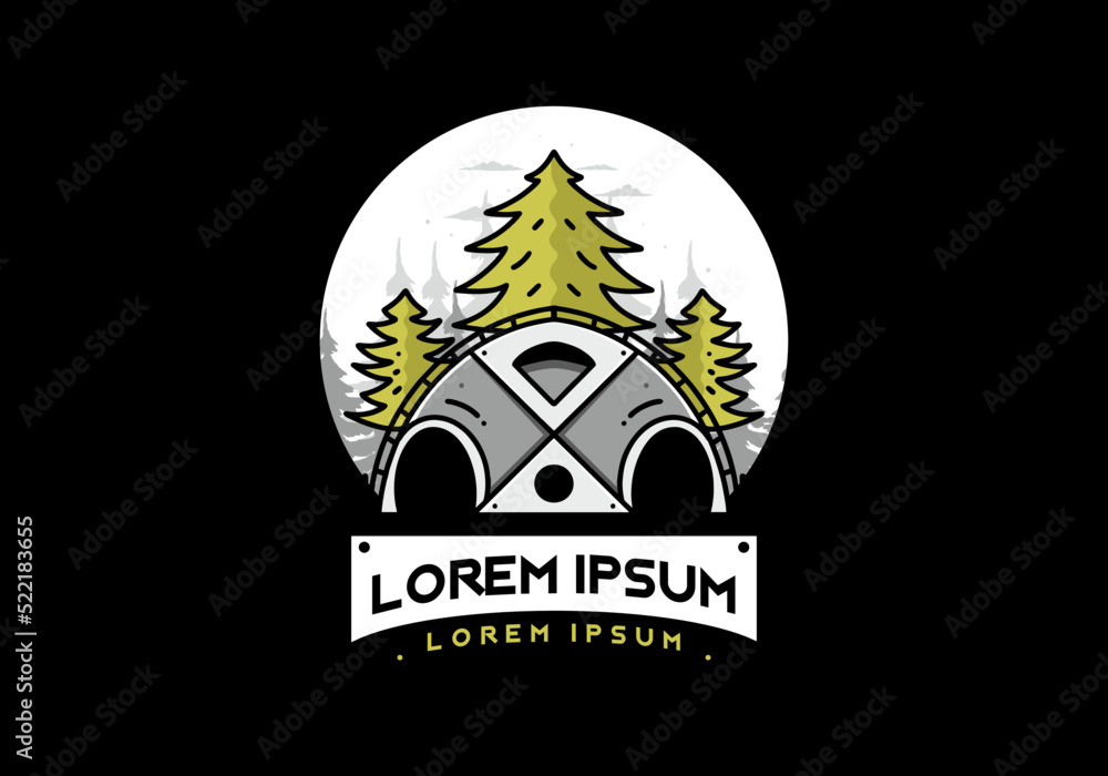 Big family tent and pine trees illustration badge design
