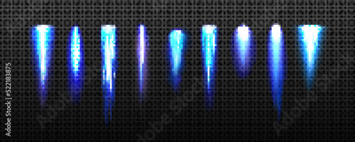 Jetpack light, blue fire flames of space rocket, shuttle launch. Comet or meteor trails isolated on transparent background. Spaceship or plane take off tracks, Realistic 3d vector illustration, set