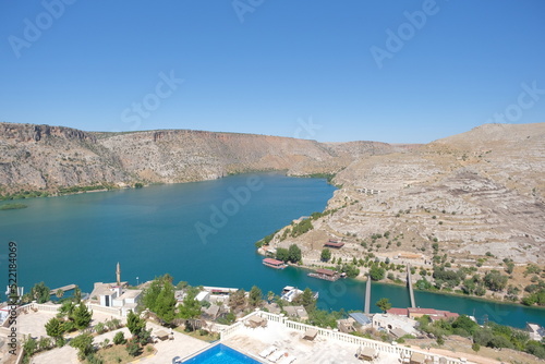 Aerial view of river euphrates and city Halfeti in Sanliurfa, two suspension bridges, Halfeti. Şanlıurfa