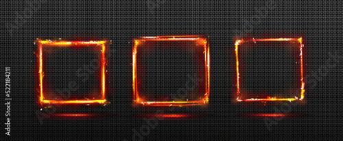 Frames with fire sparkle effect, square borders with glowing sparks of weld metal blade, cracker or petard. Fiery light bordering with twinkles, Realistic 3d vector illustration isolated on black