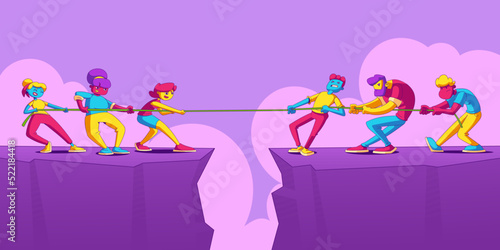 Gender team rivalry, sexism, feminism, job competition concept. Men and women teams tug of war over mountain gap. Contemporary business characters tear rope battle Line art cartoon vector illustration