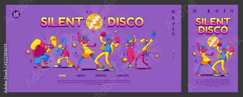 Silent disco landing page, app ui ux mobile app onboard screen template. Contemporary characters party dancing and rejoice in night club. Happy people at dance event Line art cartoon vector web banner