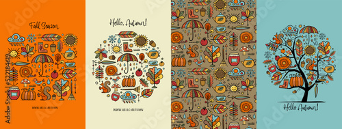 Autumn, Fall season. Frame, pattern, tree. Set of hand drawn concept art for ...