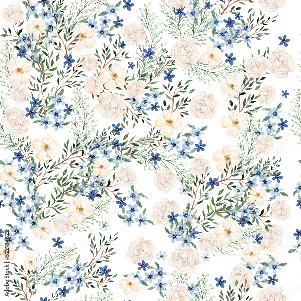 Watercolor seamless pattern with pink and blue flowers and leaves, different leaves. Illustration