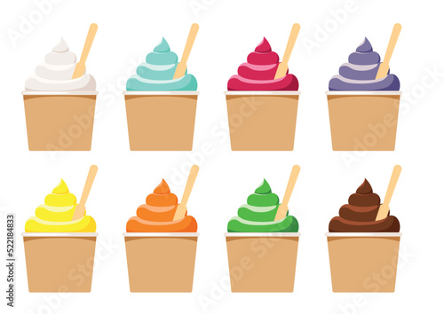 Soft ice cream in eco cup and popsicle stick set isolated on white background.
