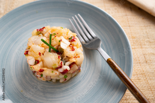 Canvas Print Cod tartare with piquillo peppers. Traditional Spanish tapas.