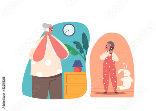 Family Characters Communicate by Mobile Phone. Granny and Little Grandson Speaking by Smartphones. Kid and Woman Calling