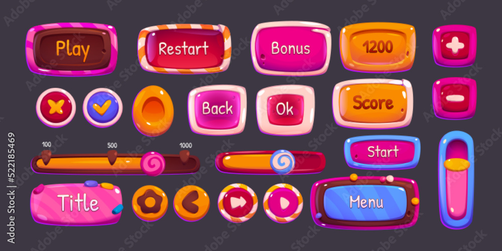 Glossy game buttons, boards and bars with candy and chocolate texture. Vector cartoon set of sweet game ui elements, menu, play, score buttons, check and cross marks, sliders - obrazy, fototapety, plakaty 